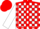 Red and white blocks, red seams on white sleeves
