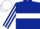 Dark blue, white hoop, striped sleeves, white cap