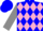 Blue with pink diamonds, gray crown and gray sleeves