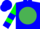 Sapphire blue, emerald green ball,green sleeves, blue armlets and cuffs, blue cap