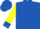 Royal blue, orange half moon, royal blue cuffs on yellow sleeves