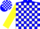 Blue, white blocks, yellow sleeves
