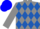 Grey, royal blue diamonds, grey sleeves, blue cap