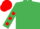 Emerald green, red spots on sleeves, red cap
