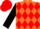 Orange, red diamonds, black sleeves, red cap