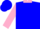 Blue, pink collar and belt, pink cuffs on sleeves