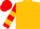 Gold, red hearts, red sleeves, gold hoop, red cap