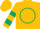 Gold, dark green circle, dark green hoops on sleeves, gold cap