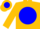 Gold, gold 'cv' in blue ball, blue band on gold sleeves