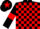 Black and red check, black sleeves, red armlets and star on cap
