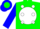 Green, white dots , blue 'sf' on white ball, white ball on blue sleeves