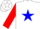 White, white 'jrc' in blue star, blue and red opposing sleeves