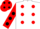 White with red dots, red sleeves with black dots, red cap, black dots