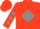 Scarlet, black script 'p' on gray diamond, gray diamonds on sleeves