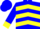 Blue, red fleur de lis in red, yellow and blue target, yellow chevrons and cuffs