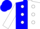 Blue, white halves, blue and white opposing 'wr' and dots, blue and white dots on opposing sleeves