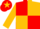 Red and gold quartered diagonally, gold sleeves, red armband, red cap, gold star