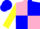 pink and blue quartered, yellow sleeves, blue cap