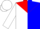 White and blue halves, red yoke, white sleeves, white cap