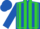 Royal blue, lime green stripes, lime seams on royal blue sleeves, royal blue cap