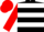 Black, white hoops, red sleeves, collar and cap, white peak