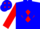 Blue, 'jgs' on red diamond, blue diamonds on red sleeves