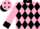Shocking pink, black diamonds, black collar and cuffs, shocking pink cap, black diamonds and peak
