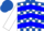 Royal blue, white blocks, blue chevrons on white sleeves