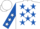 White, royal blue stars, royal blue sleeves, white stars, white cap, royal blue peak