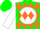 Green, white ball, orange diamonds on white sleeves,  green cap