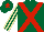 Dark green, red cross belts, dark green and beige striped sleeves, dark green cap, red star