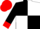 Black and white quartered, black sleeves, red collar, cuffs and cap
