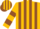 Gold, brown stripes, brown 'm' and bars on sleeves