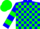 Blue, multi-colored emblem, green blocks, multi-colored bars on sleeves, blue and green cap