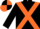 Black body, orange cross belts, black arms, orange cap, black quartered