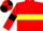 Red, yellow hoop, Yellow armlets on black sleeves, Red and Black quartered cap