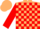 Beige and red check, red sleeves, beige cap