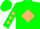 Green, black 'm' inside tan diamond, tan diamonds on sleeves