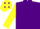 Purple body, yellow arms, yellow cap, purple diamonds