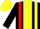 Black, red braces, yellow panel, red and yellow halved cap