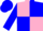Pink and blue triangular thirds, pink and blue quartered sleeves, blue cap