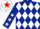 Dark blue and white diamonds, dark blue sleeves, white stars, white cap, red star