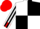 White and black quartered, striped sleeves, red cuffs and cap
