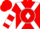 Red, white 'rm' in circle frame on white cross sashes, white hoops on sleeves
