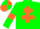 Green body, orange cross of lorraine, green arms, orange armlets, orange cap, green quartered