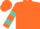 Orange, turquoise lightning bolt, turquoise bars on sleeves, orange cap