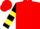 Red, black 'kcg' in black emblem, yellow crown, yellow bars on sleeves, red cap