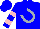 Blue, silver horseshoe, pink hoops on sleeves, blue cap