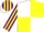 White and yellow quartered diagonally, purple and yellow striped sleeves and cap