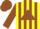 Yellow, brown triangle, brown stripes on sleeves, brown cap